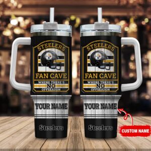Custom Name Pittsburgh Steelers NFL Fan Cave Stainless Steel Tumbler 40Oz With Handle