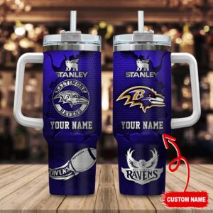 Custom Name Baltimore Ravens NFL Metal Style Stainless Steel Tumbler 40Oz