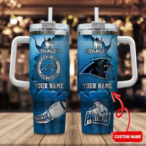 Custom Name Carolina Panthers NFL Metal Style Stainless Steel Tumbler 40Oz