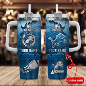 Custom Name Detroit Lions NFL Metal Style Stainless Steel Tumbler 40Oz