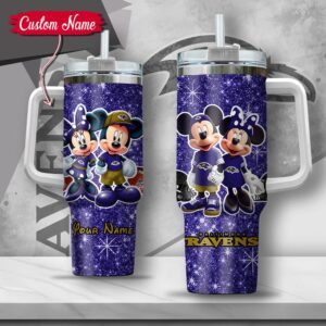 Custom Name NFL Baltimore Ravens Mickey Minnie Couple Tumbler 40Oz With Handle