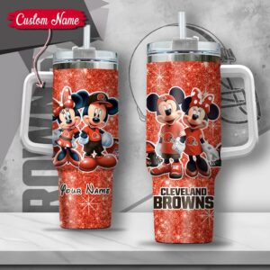Custom Name NFL Cleveland Browns Mickey Minnie Couple Tumbler 40Oz With Handle