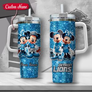 Custom Name NFL Detroit Lions Mickey Minnie Couple Tumbler 40Oz With Handle