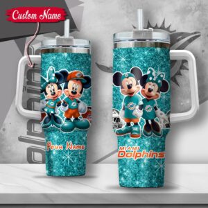 Custom Name NFL Miami Dolphins Mickey Minnie Couple Tumbler 40Oz With Handle