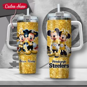 Custom Name NFL Pittsburgh Steelers Mickey Minnie Couple Tumbler 40Oz With Handle