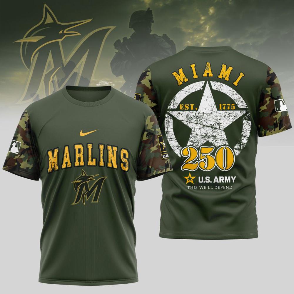 MLB Miami Marlins Special U.S. Army 250th Birthday 3D T-Shirt MLB Miami Marlins Special U.S. Army 250th Birthday 3D T-Shirt